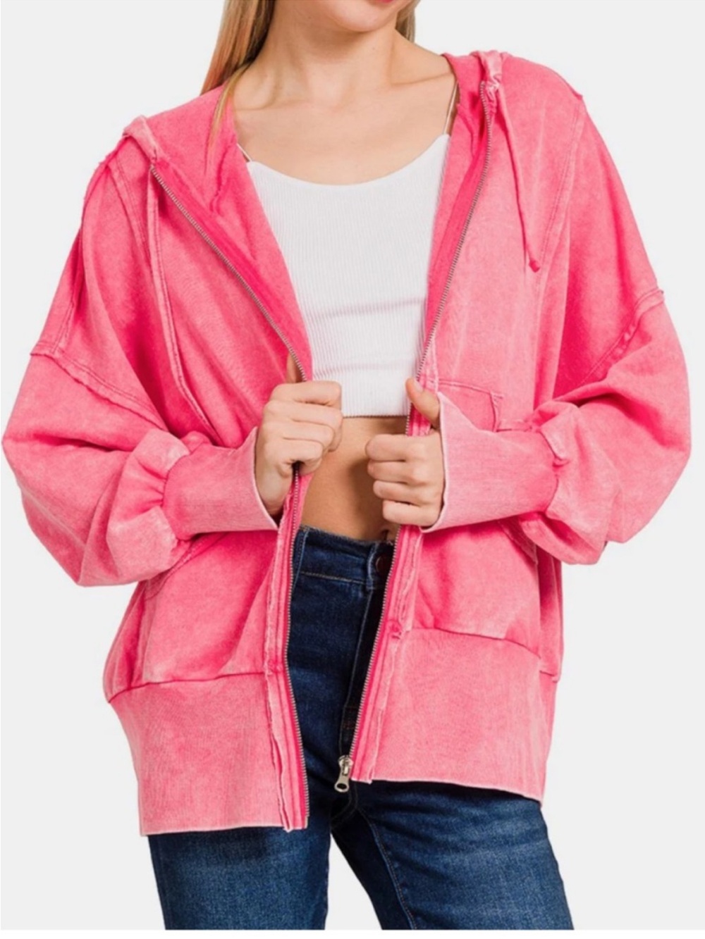 Zenana Outfitters Pink Washed Zip Hoodie